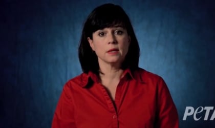 A woman in a red shirt is standing in front of a blue background.