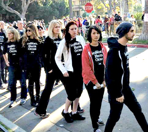 A group of people walking down the street in black t - shirts.