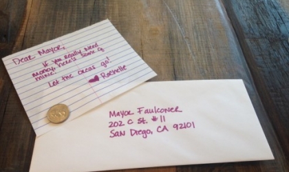 An envelope with a note addresses to Mayor Faulconer