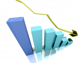 A bar graph with an arrow pointing downwards.