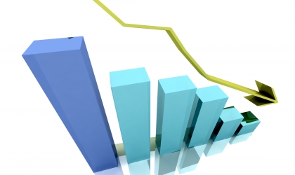 A bar graph with an arrow pointing downwards.