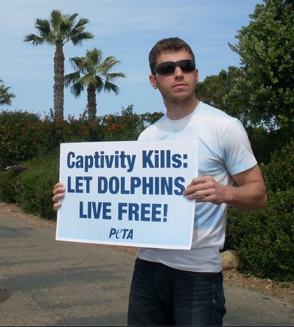A man holding up a sign that says captivity kills let dolphins live free.