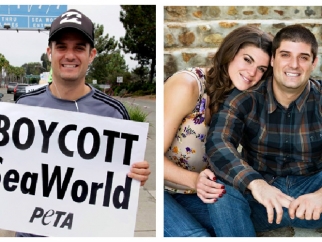 a man holding a sign that says "Boycott SeaWorld" next to another picture of a man and a woman
