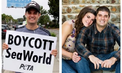 a man holding a sign that says "Boycott SeaWorld" next to another picture of a man and a woman