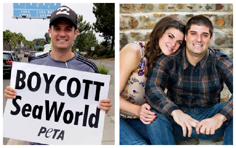 Two pictures of a man and a woman holding a sign that says boycott seaworld.