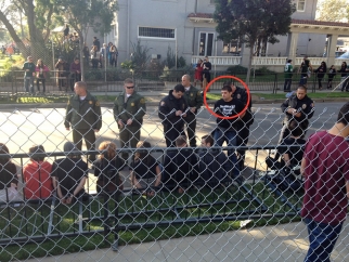A group of people standing behind a chain link fence as PETA protester gets arrested