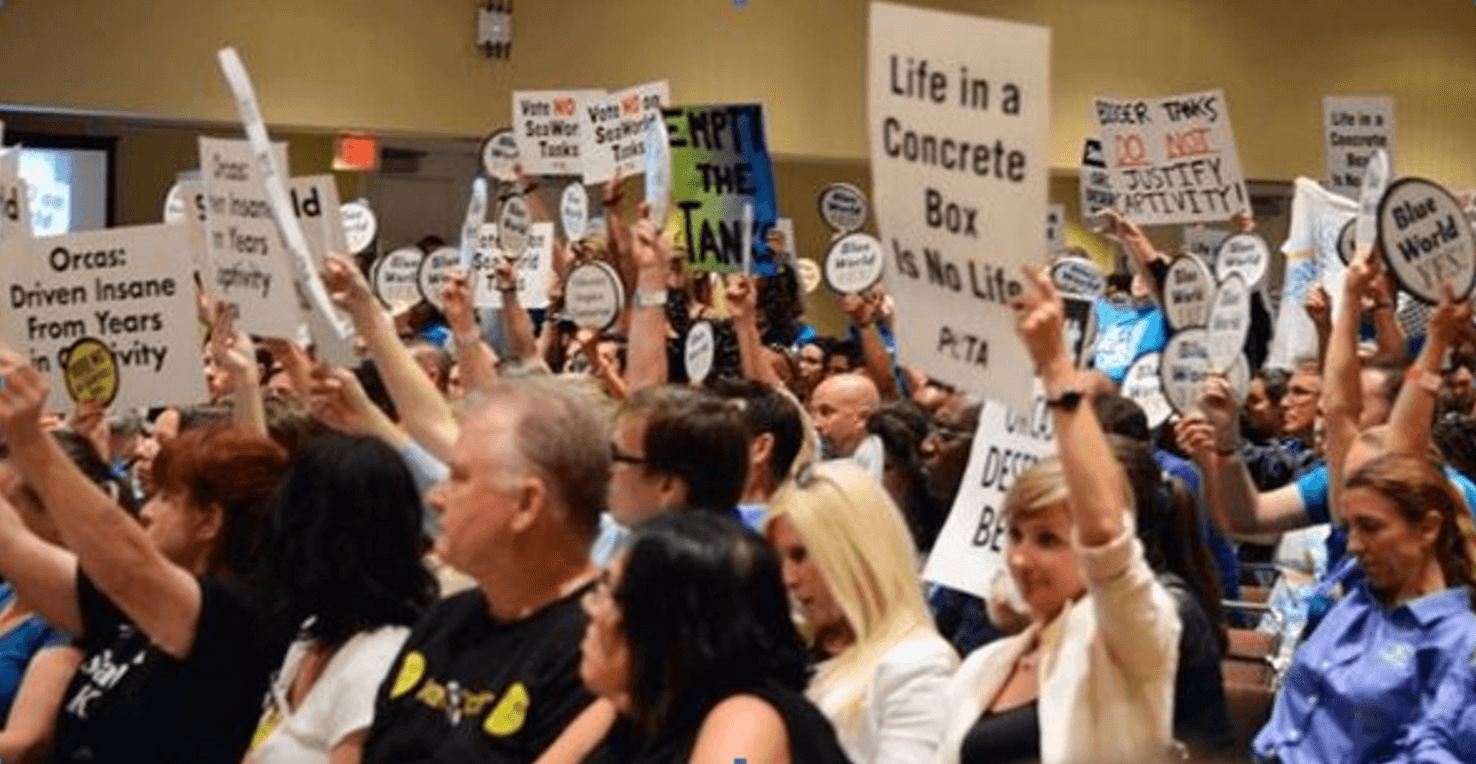A group of people holding up signs in a room.