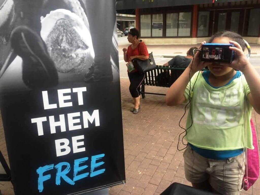 A girl looking at a sign that says let them be free.