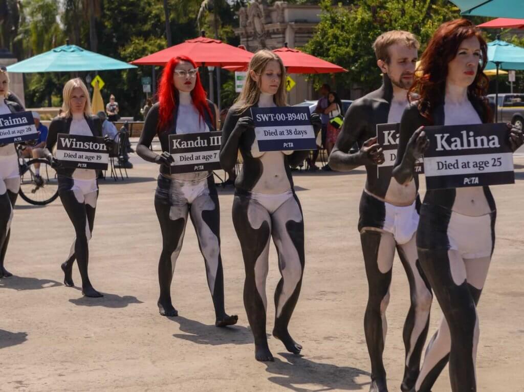 A group of people dressed in body paint holding signs.