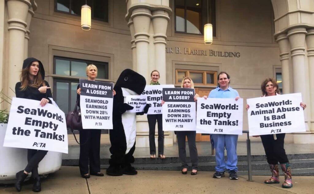 A group of people holding signs in front of a building.