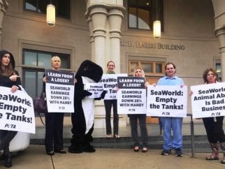 A group of people holding signs in front of a building.