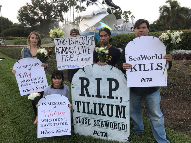 A group of people holding signs at a Tilikum memorial