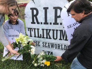 A group of people next to a sign that says R.I.P. Tilikum.