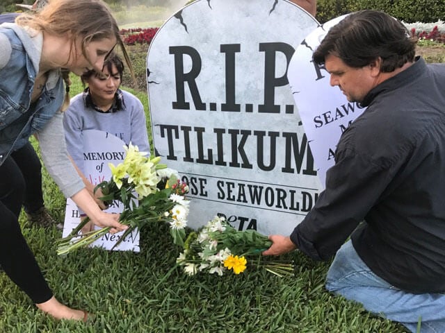 A group of people standing next to a sign that says Tilikum memorial.