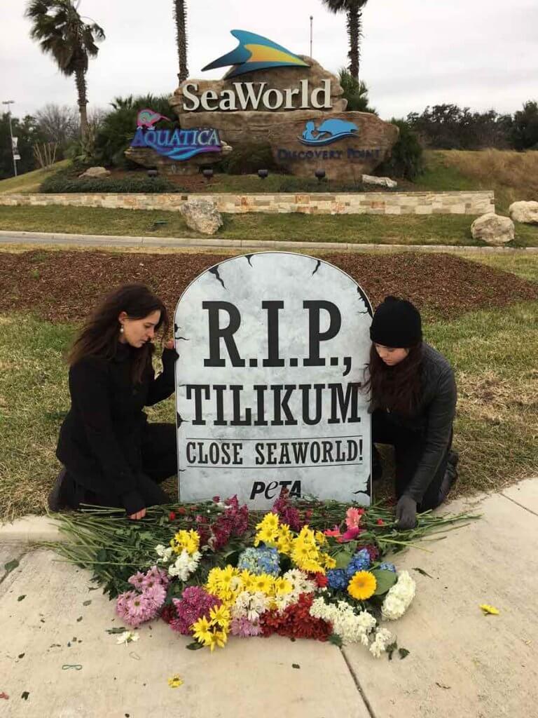 Two women standing next to a tombstone that says "RIP Tilikum" at the Tilikum memorial.