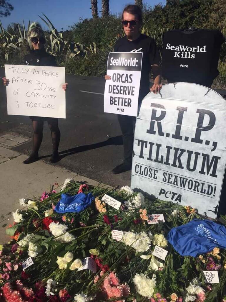 A tilikum memorial with a group of people standing next to a grave adorned with flowers and signs.
