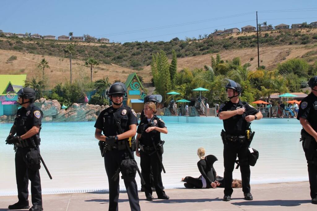 A group of police officers standing in front of a pool at SeaWorld Aquatica.