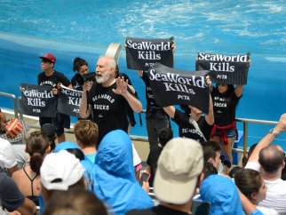 James Cromwell addressing a crowd of people at SeaWorld