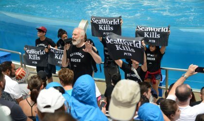 James Cromwell addressing a crowd of people at SeaWorld