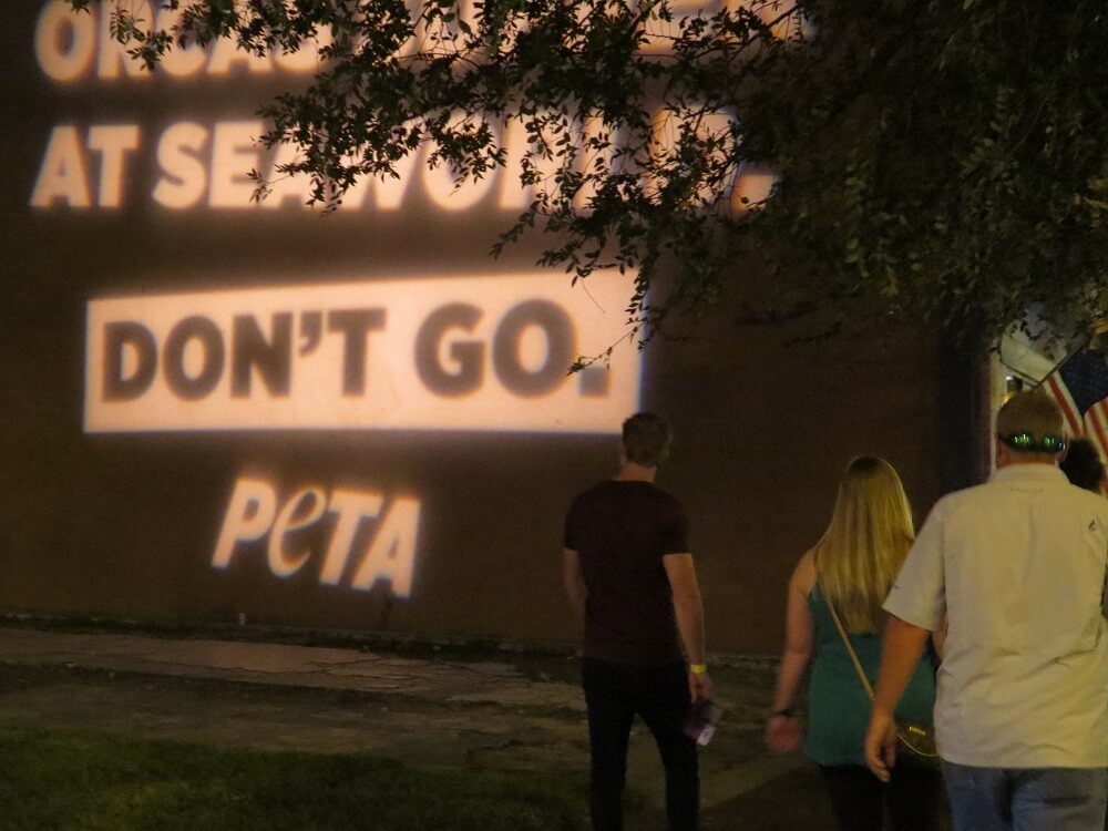 A group of people are walking in front of a building that says don't go peta, while a Bat signal is projected onto the sky.
