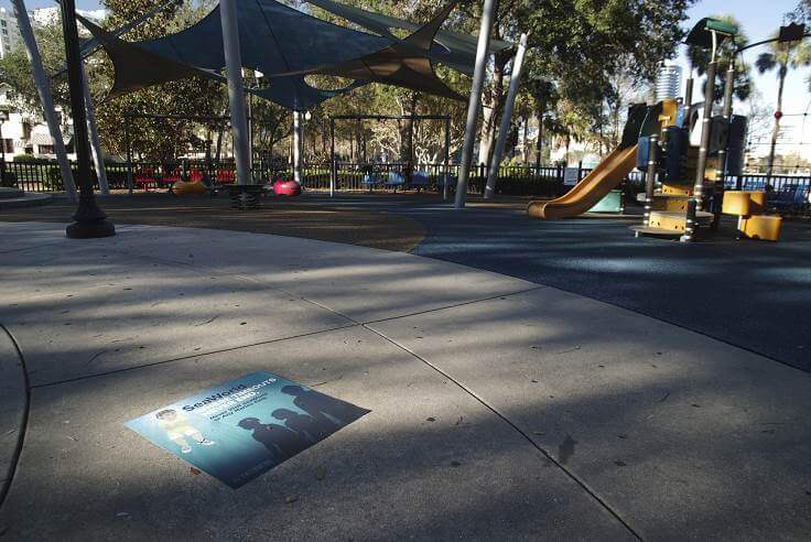 'SeaWorld: Where Timeouts Never End" sidewalk decal at Orlando playground