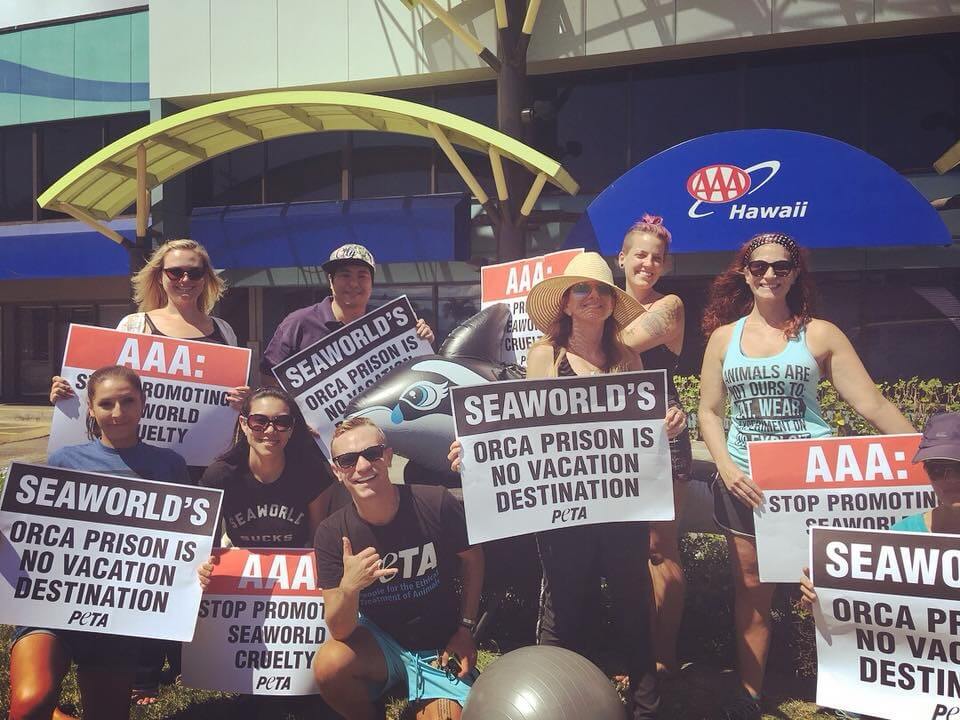 A group of AAA holding signs in front of a building.