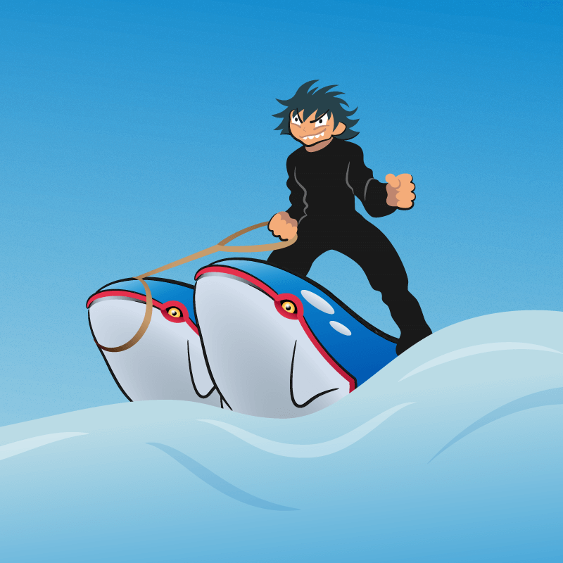 A cartoon character riding a shark on a surfboard at Seaworld.