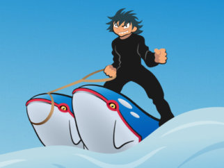 a cartoon character with an evil grin cruelly surfing on two marine mammals as PETA's proposed Pokémon parody on what happens at SeaWorld, alongside a real-life picture of a SeaWorld trainer cruelly surfing on two dolphins