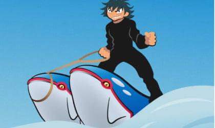 a cartoon character with an evil grin cruelly surfing on two marine mammals as PETA's proposed Pokémon parody on what happens at SeaWorld, alongside a real-life picture of a SeaWorld trainer cruelly surfing on two dolphins