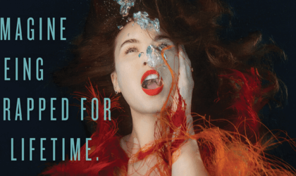 Rainey Qualley underwater with text on the image that says Imagine Being Trapped for a Lifetime